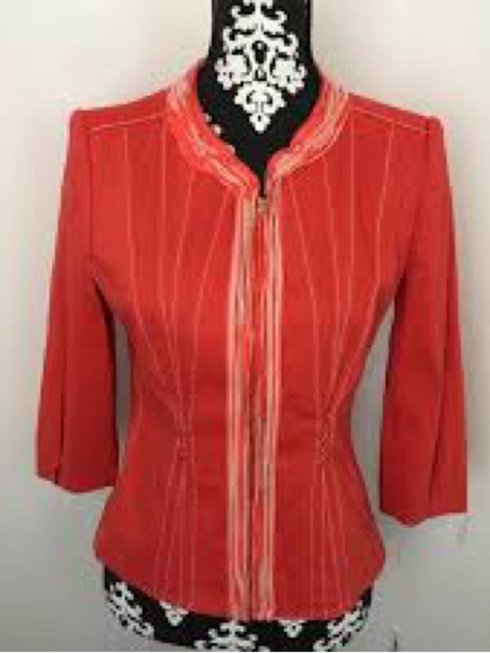 Elie Tahari Valencia Coral-Red Tailored Fringed-Trim Jacket size XS